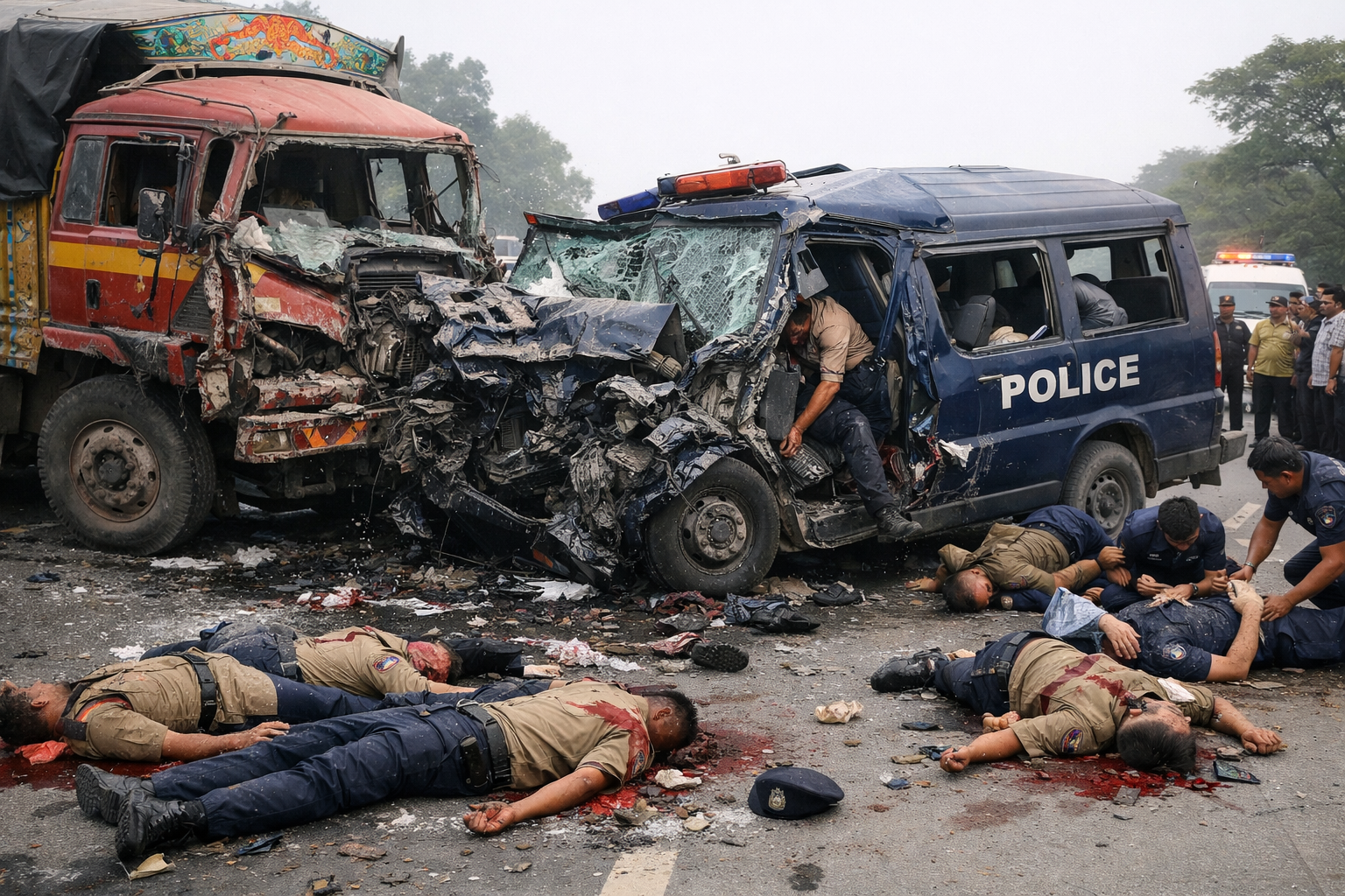 ট্রাকের সঙ্গে পুলিশের ভ্যানের ভয়াবহ মুখোমুখি সংঘর্ষ নিহত ৫ পুলিশকর্মী আশঙ্কাজনক আরও ৩