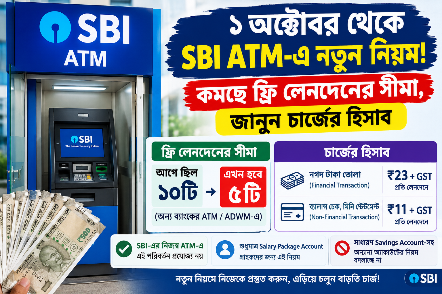 ১ অক্টোবর থেকে SBI ATM এ নতুন নিয়ম কমছে ফ্রি লেনদেনের সীমা, জানুন চার্জের হিসাব