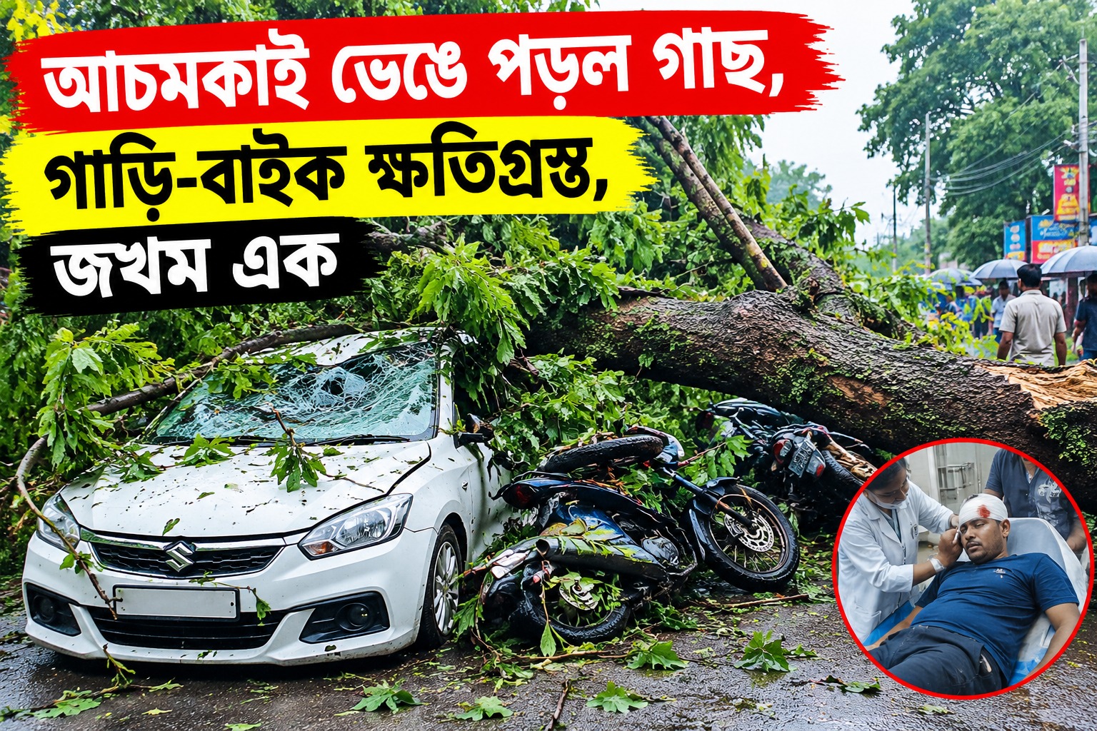 আচমকাই ভেঙে পড়ল গাছ, গাড়ি-বাইক ক্ষতিগ্রস্ত, জখম এক 