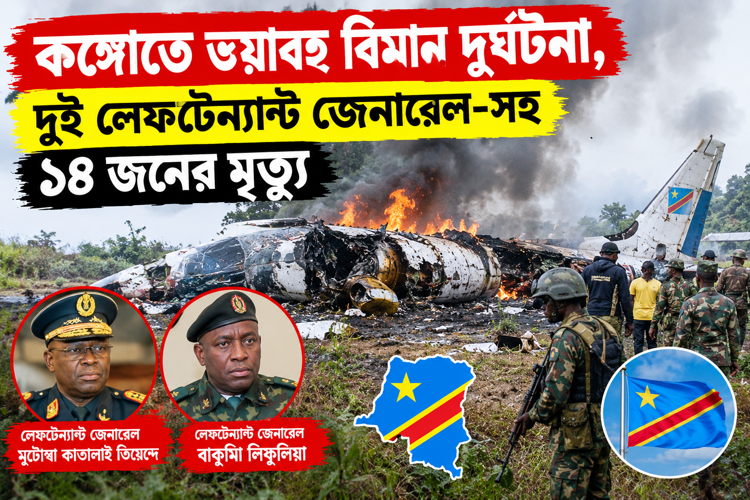 কঙ্গোতে ভয়াবহ বিমান দুর্ঘটনা, দুই লেফটেন্যান্ট জেনারেল সহ ১৪ জনের মৃত্যু