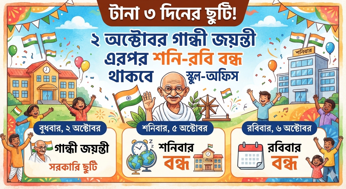 টানা ৩ দিনের ছুটি ২ অক্টোবর গান্ধী জয়ন্তী, এরপর শনি রবি বন্ধ থাকবে স্কুল-অফিস