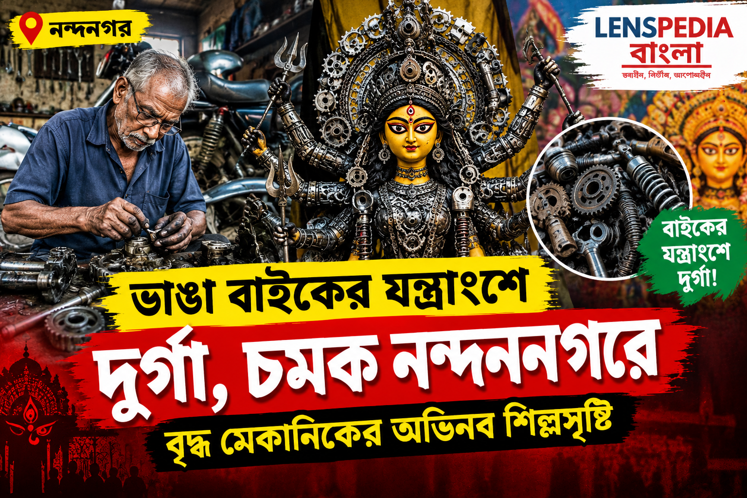**ভাঙাচোরা বাইকের যন্ত্রাংশ দিয়ে দুর্গাপ্রতিমা! নন্দননগরে বৃদ্ধ মেকানিকের অনন্য শিল্পসৃষ্টি, পুজোয় তাক লাগানোর প্রস্তুতি**