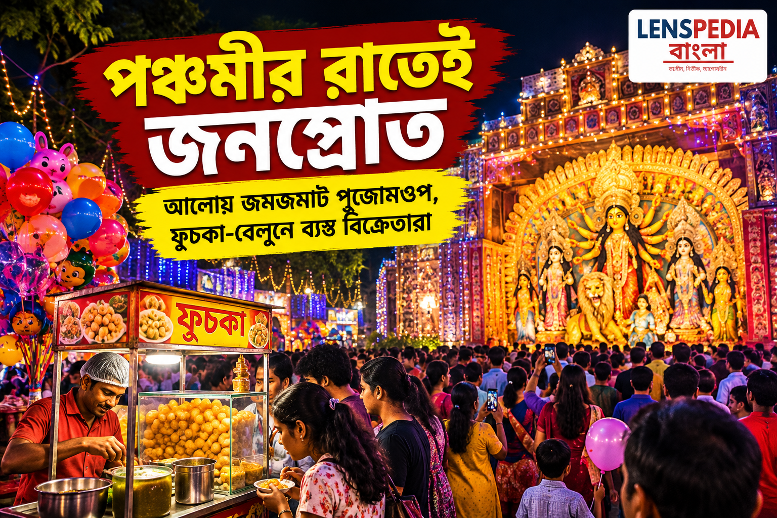 পঞ্চমীর রাতেই জনস্রোত, ঝলমলে আলোয় জমজমাট পুজোমণ্ডপ—বেলুনওয়ালা থেকে ফুচকাওয়ালার মুখে হাসি