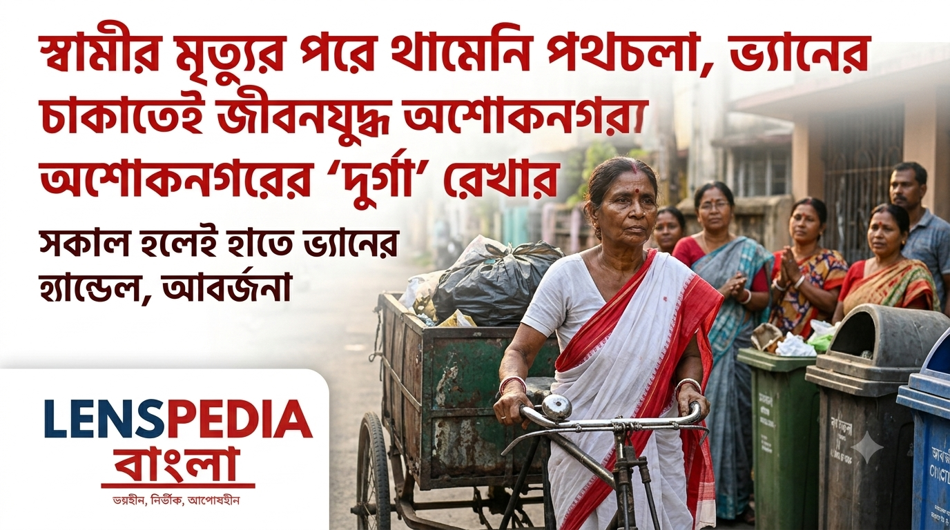 স্বামীর মৃত্যুর পরও থামেনি পথচলা, ভ্যানের চাকাতেই জীবনযুদ্ধ অশোকনগরের ‘দুর্গা’ রেখার