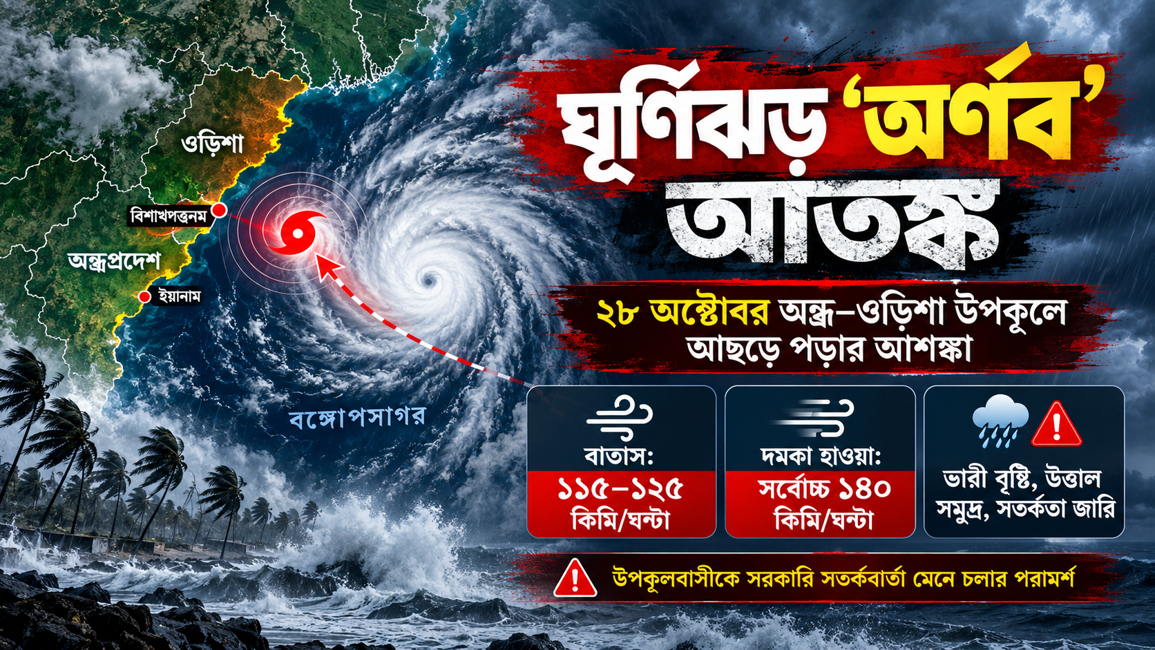 বঙ্গোপসাগরে ঘূর্ণিঝড় ‘অর্ণব’! ১৪০ কিমি বেগে ঝড়ের আশঙ্কা, ২৮ অক্টোবর উপকূলে আছড়ে পড়ার পূর্বাভাস